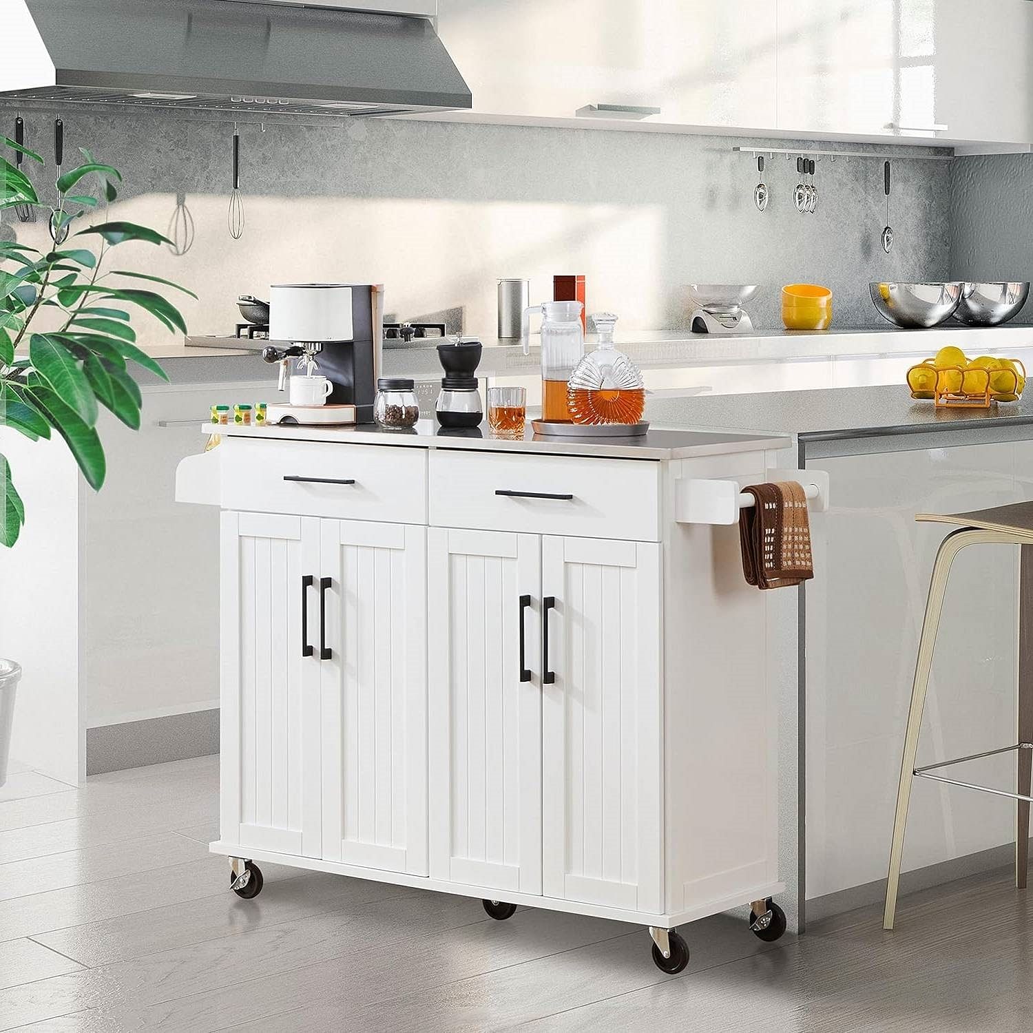 White Kitchen Cart Island with Stainless Steel Top 2 Drawers and Cabinet - Free Shipping