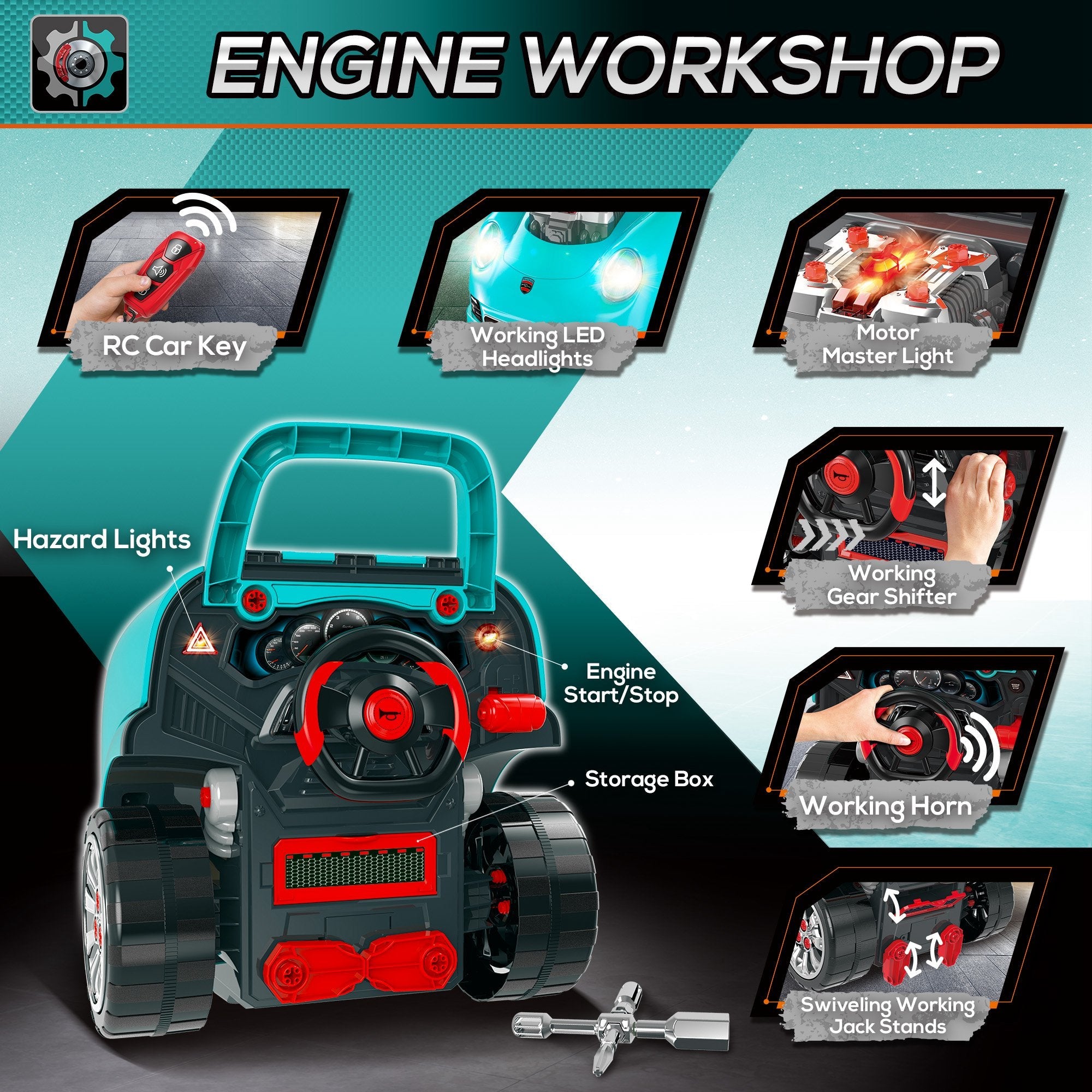 Qaba Kids Mechanic Truck Engine Repair Toy Set Car Service Teal Playset with Tools for Pretend Play