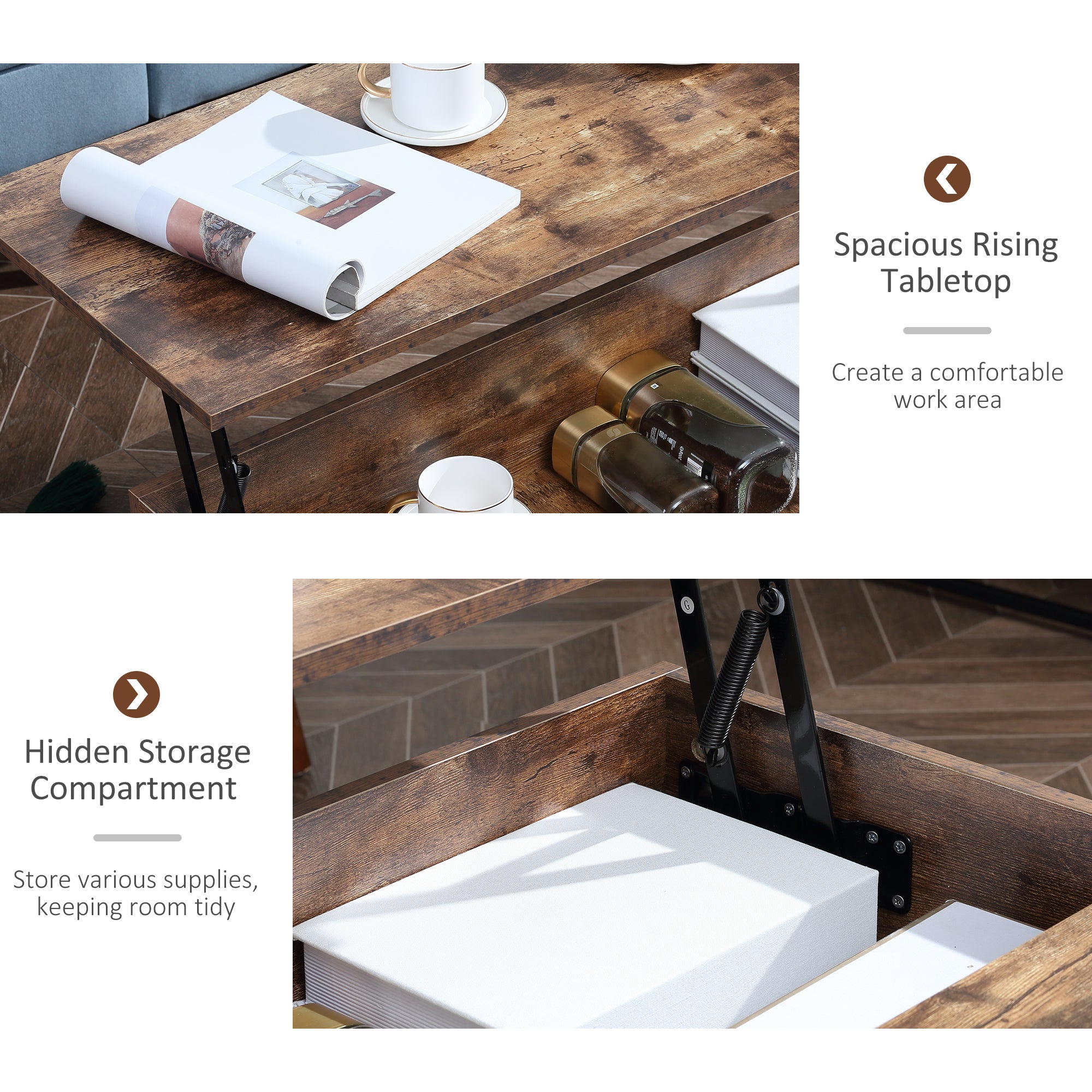 HOMCOM Rustic Brown Lift Top Coffee Table: Center Table with Hidden Storage Compartment for Living Room