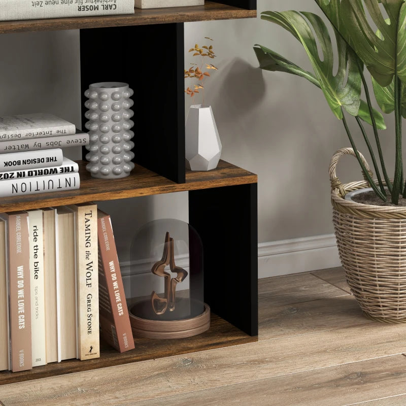 5-Tier Bookshelf, Geometric S Shaped Bookcase, Tall Narrow Display Shelf for for Living Room, Study Room, Rustic Brown