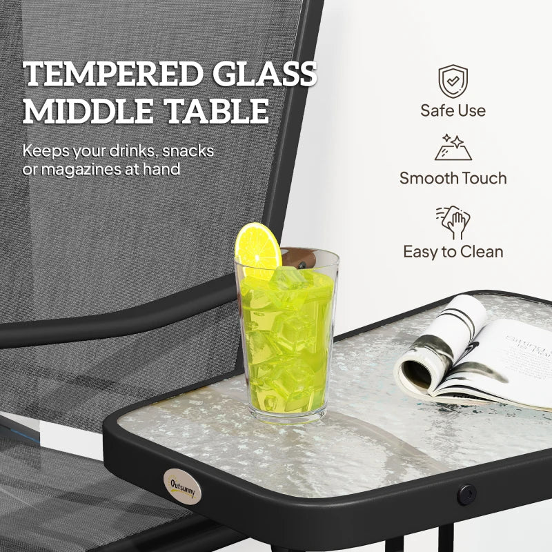 Double Patio Glider Chair with Glass Top Center Table, Outdoor Glider Loveseat with High Back, All Weather Breathable Mesh Fabric for Garden, Backyard, Deck, Black