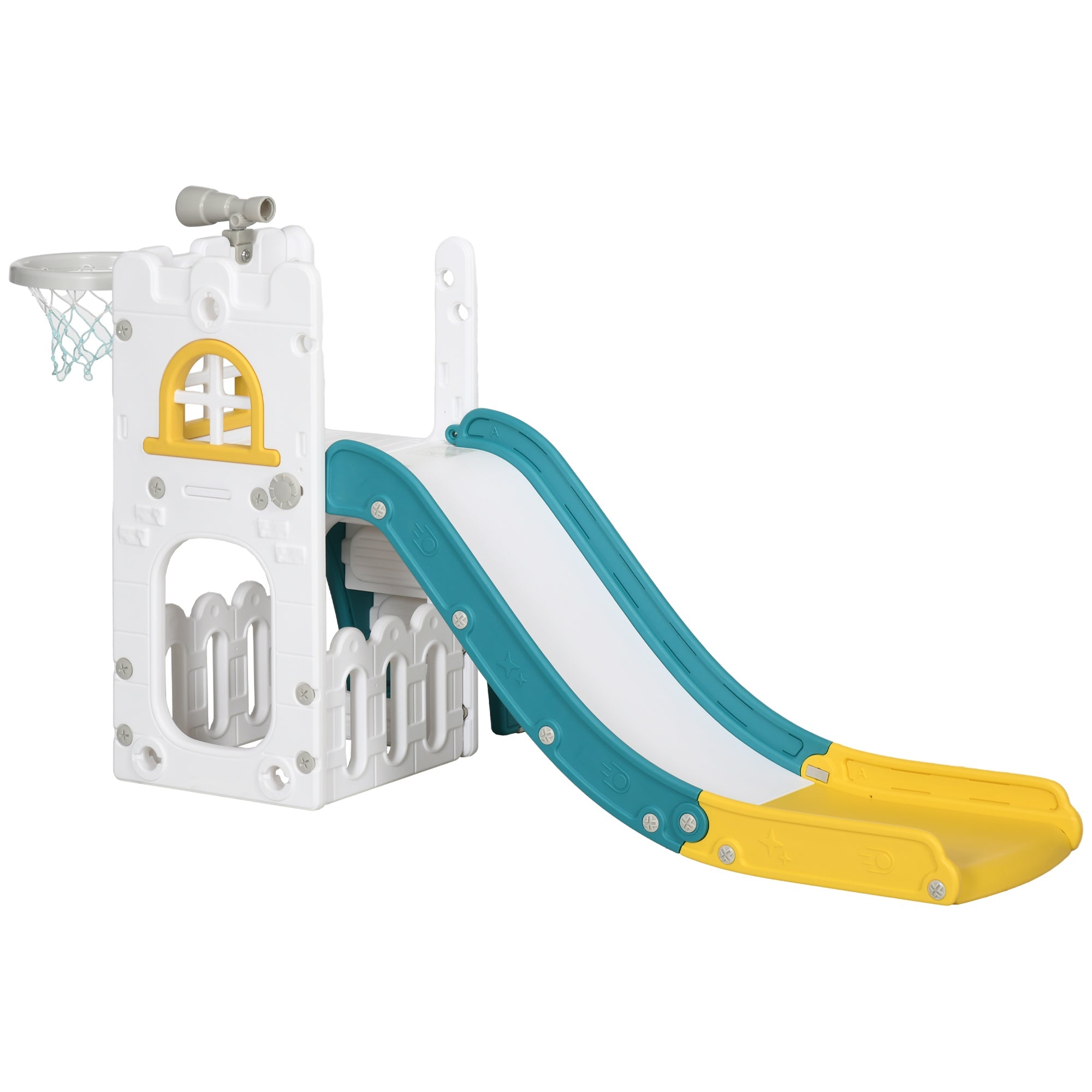 Qaba 4 in 1 Toddler Slide with Basketball Hoop, Climber, Telescope, Storage Basket, for 1-3 Years Kids Indoor Use, Yellow