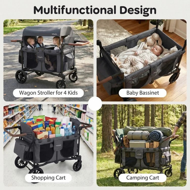 Wagon Stroller for 4 Kids – Foldable 4-Seater Push & Pull Toddler Wagon (Gray)