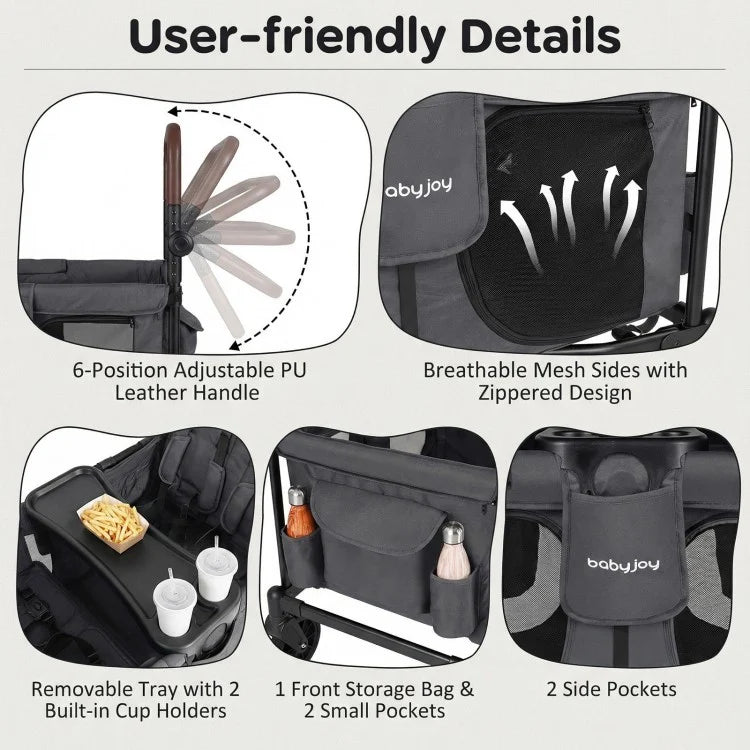 Wagon Stroller for 4 Kids – Foldable 4-Seater Push & Pull Toddler Wagon (Gray)