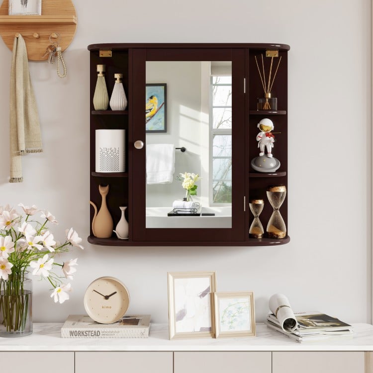 Wall-Mounted Bathroom Mirror Cabinet with Storage Shelves-Brown