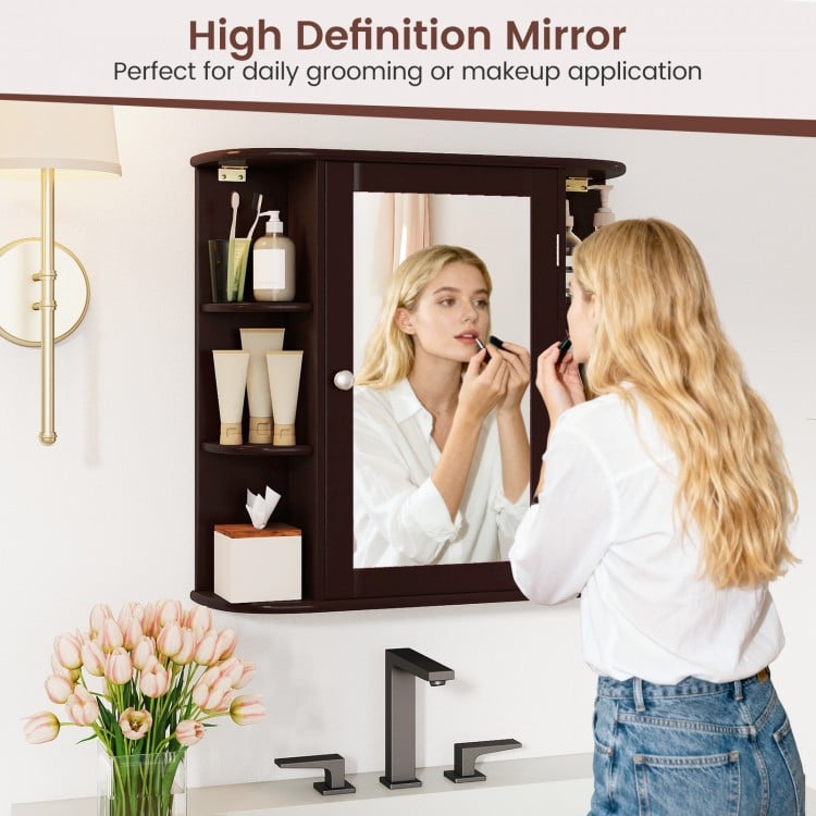 Wall-Mounted Bathroom Mirror Cabinet with Storage Shelves-Brown