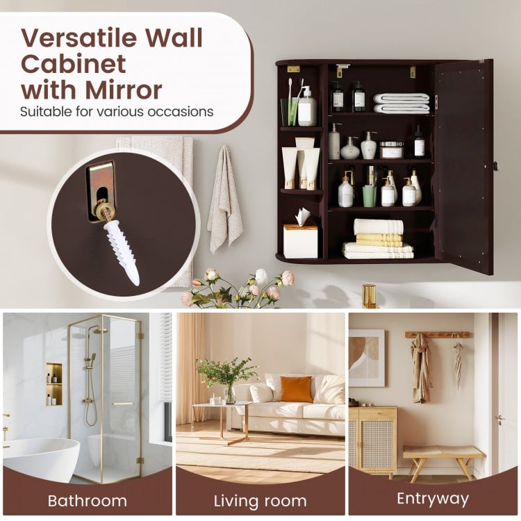 Wall-Mounted Bathroom Mirror Cabinet with Storage Shelves-Brown