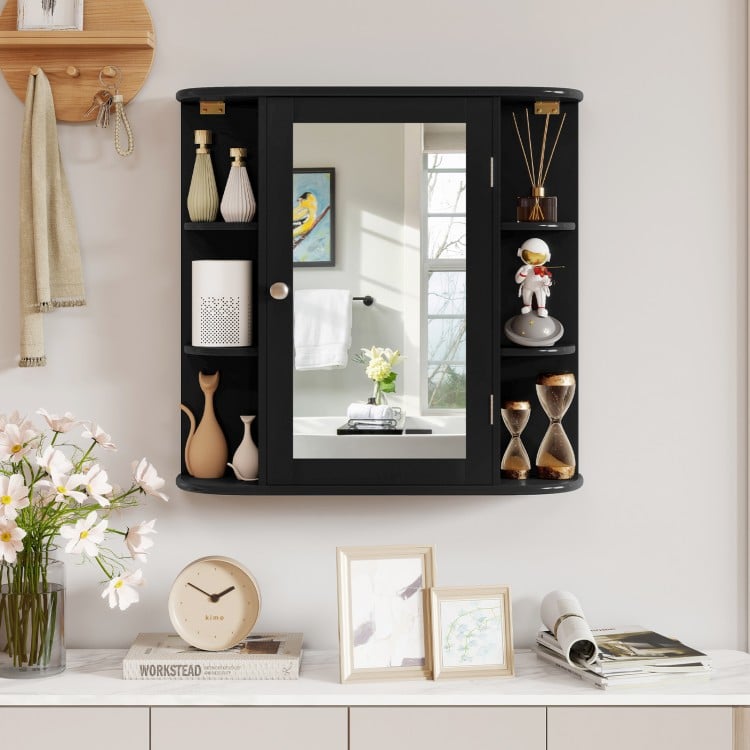 Wall-Mounted Bathroom Mirror Cabinet with Storage Shelves-Black