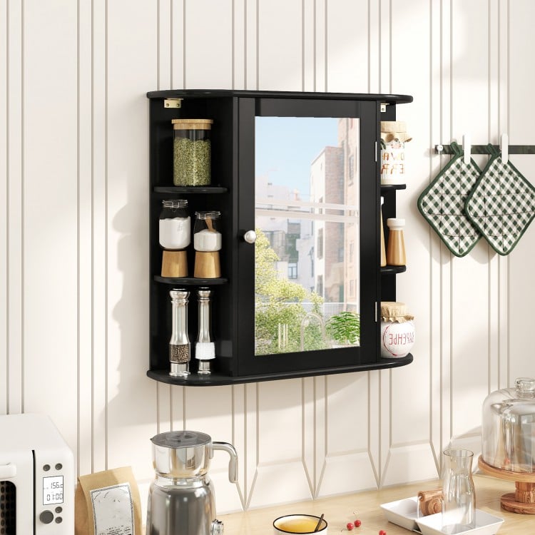 Wall-Mounted Bathroom Mirror Cabinet with Storage Shelves-Black