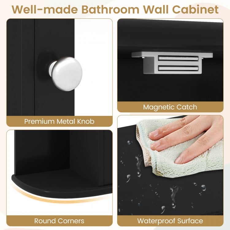 Wall-Mounted Bathroom Mirror Cabinet with Storage Shelves-Black