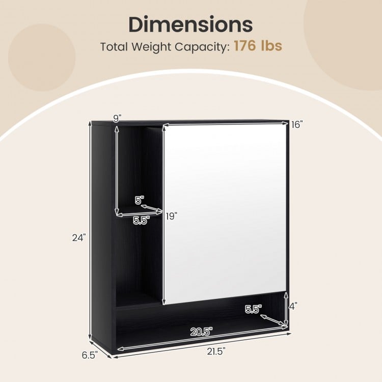 Wall Mounted Bathroom Cabinet with Mirror Single Door-Black