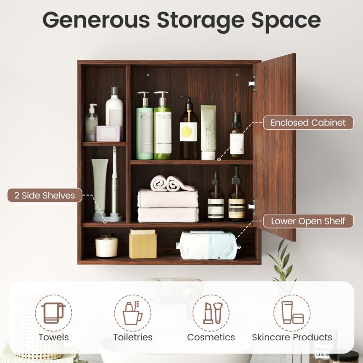 Wall Mounted Bathroom Cabinet with Mirror Single Door-Walnut