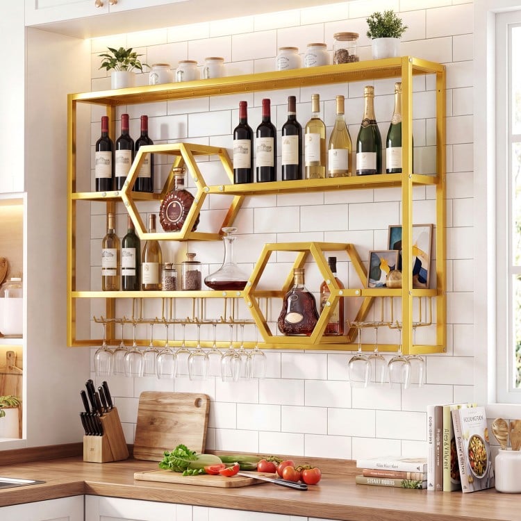 Wall Mounted Wine Rack 47" Large Floating Bar Shelves-Gold