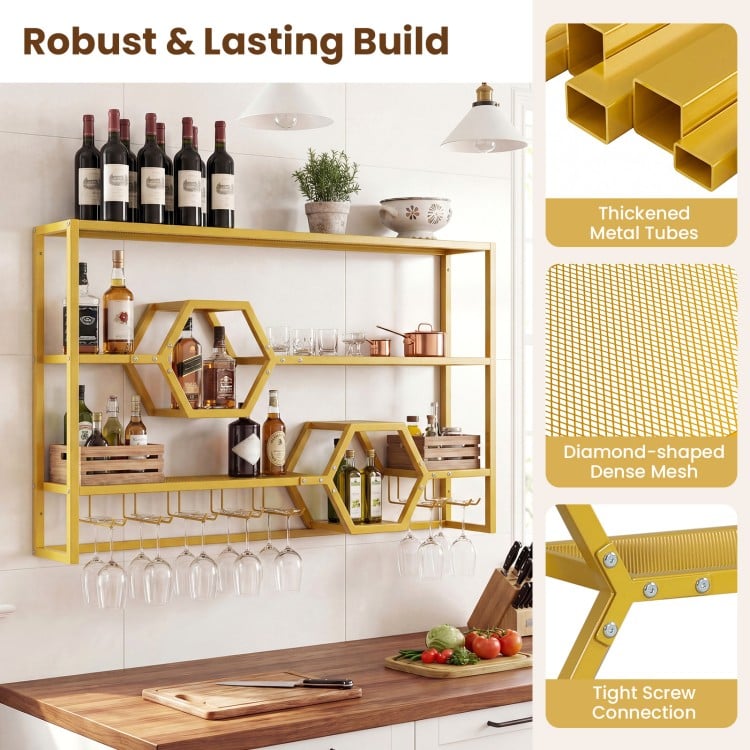 Wall Mounted Wine Rack 47" Large Floating Bar Shelves-Gold