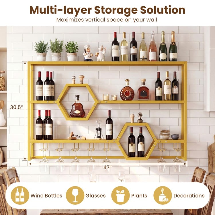 Wall Mounted Wine Rack 47" Large Floating Bar Shelves-Gold