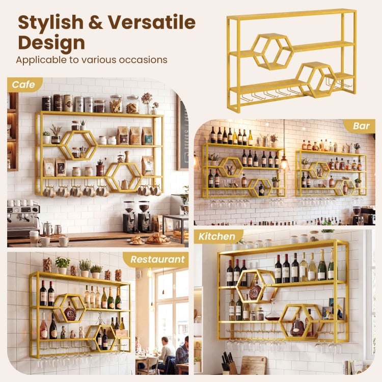 Wall Mounted Wine Rack 47" Large Floating Bar Shelves-Gold