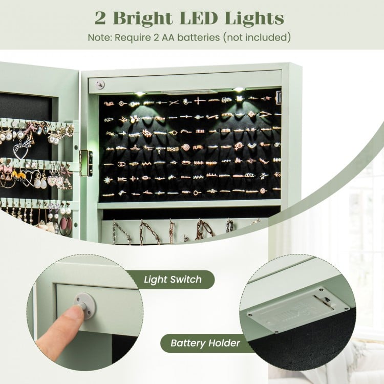 Wall and Door Mounted Mirrored Jewelry Cabinet with Lights-Green