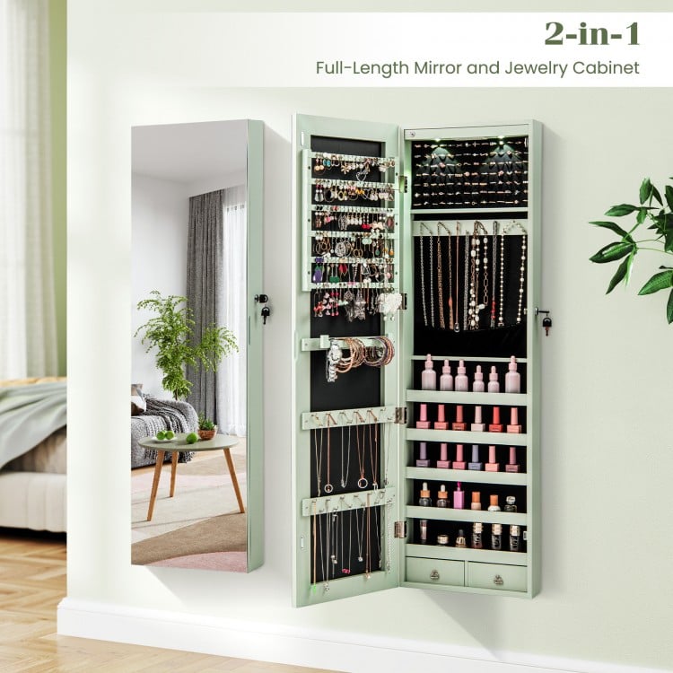 Wall and Door Mounted Mirrored Jewelry Cabinet with Lights-Green