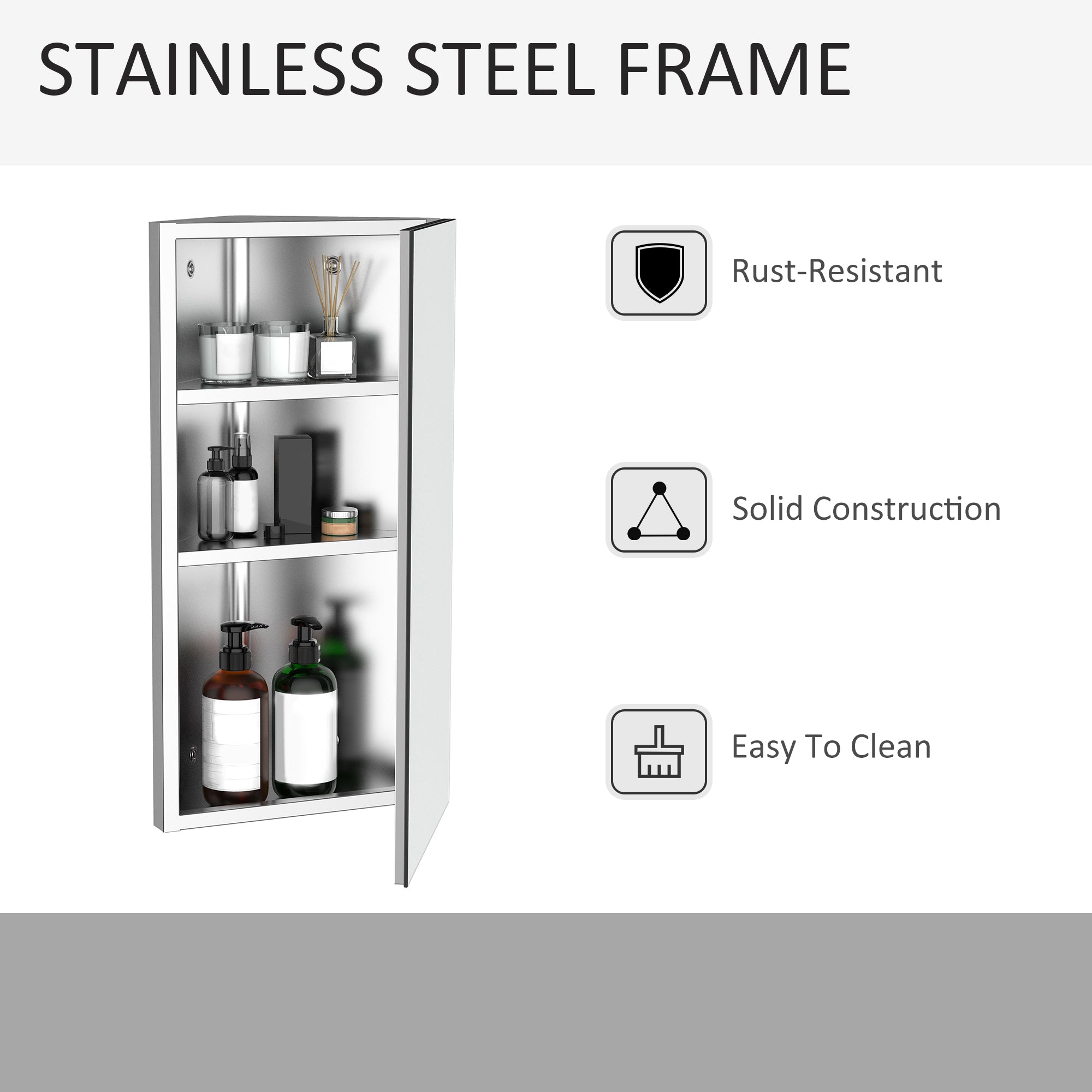 HOMCOM Sleek Corner Mirror Cabinet: Stainless Steel Wall Mounted Bathroom Storage with Single Door