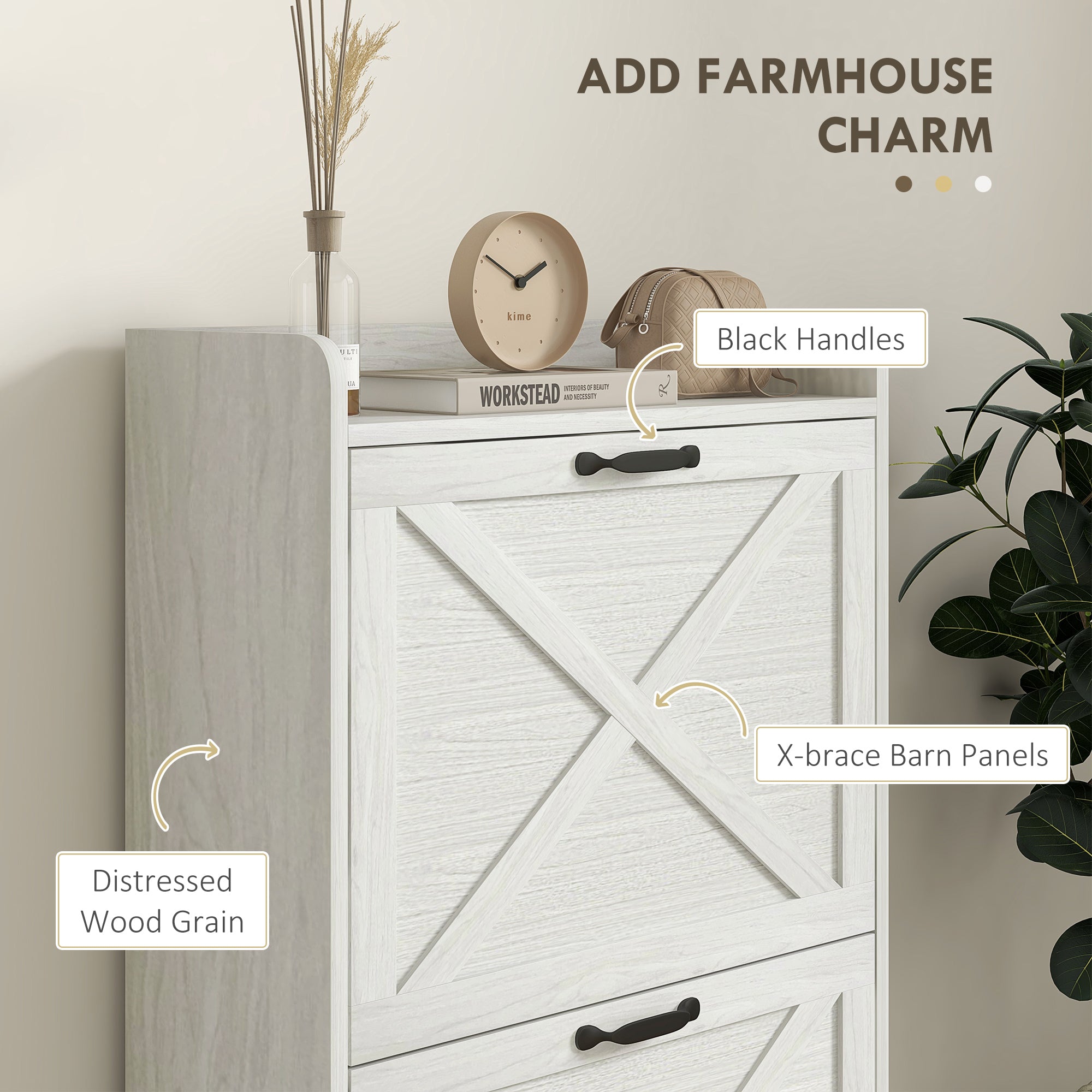 HOMCOM Slim Shoe Storage Cabinet, Farmhouse Shoe Cabinet with 2 Flip Drawers, Adjustable Shelves for 8 Pairs, Distressed White