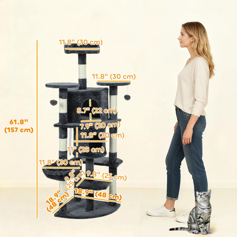 62" Cat Tree with Scratching Post, 2 Condos, Hammock, Perches, Plush, Pompoms, for Indoor Cats, Dark Grey