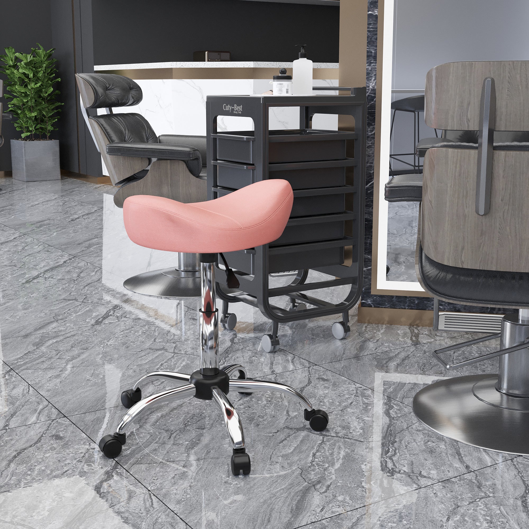 HOMCOM Saddle Stool Chic: Height Adjustable Rolling Salon Chair in Pink PU Leather for Massage, Spa, Clinic, Beauty, and Tattoo