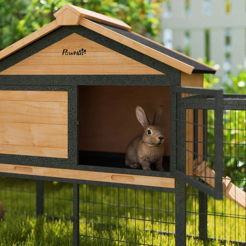Rabbit Hutch Outdoor, 85"L Large Wooden Bunny Cage with Run Box, Removable Plastic Tray, Asphalt Roof, Ramp, Yellow