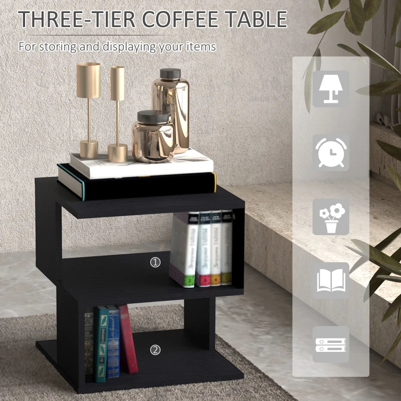 Modern Square 3 Tier Wood Coffee Side Table Storage Shelf Rack End Table Home Office Living Room Small Desk Black