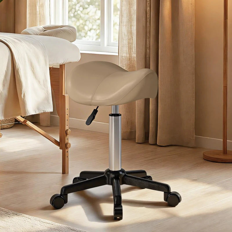 Rolling Salon Stool, PU Leather Swivel Saddle Chair, Adjustable Height Stool with Wheels for Spa, Salon, Office, Brown