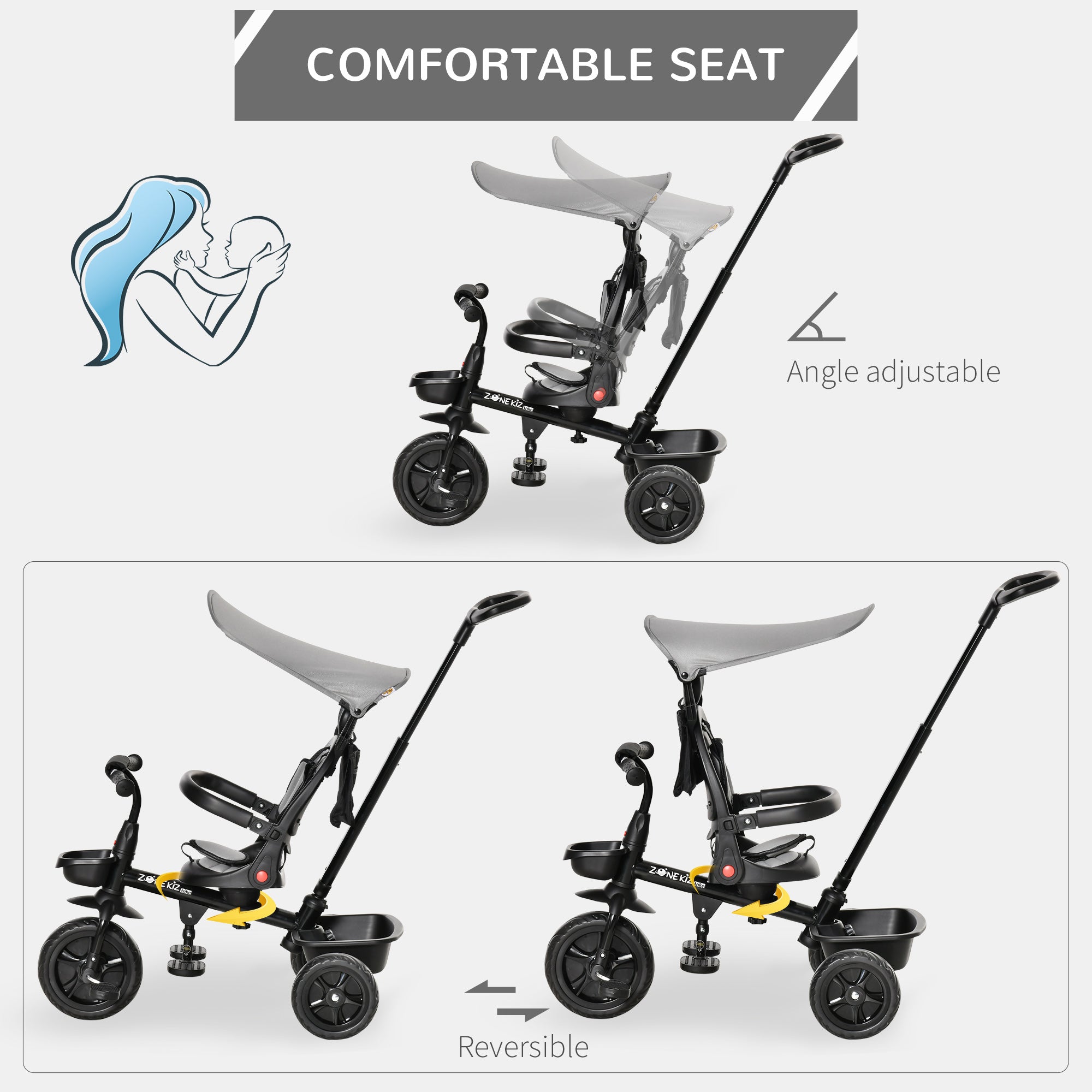 Aosom Qaba Baby Tricycle 4 In 1 Stroller Reversible Seat Adjustable Footrest Brake Clutch Grey