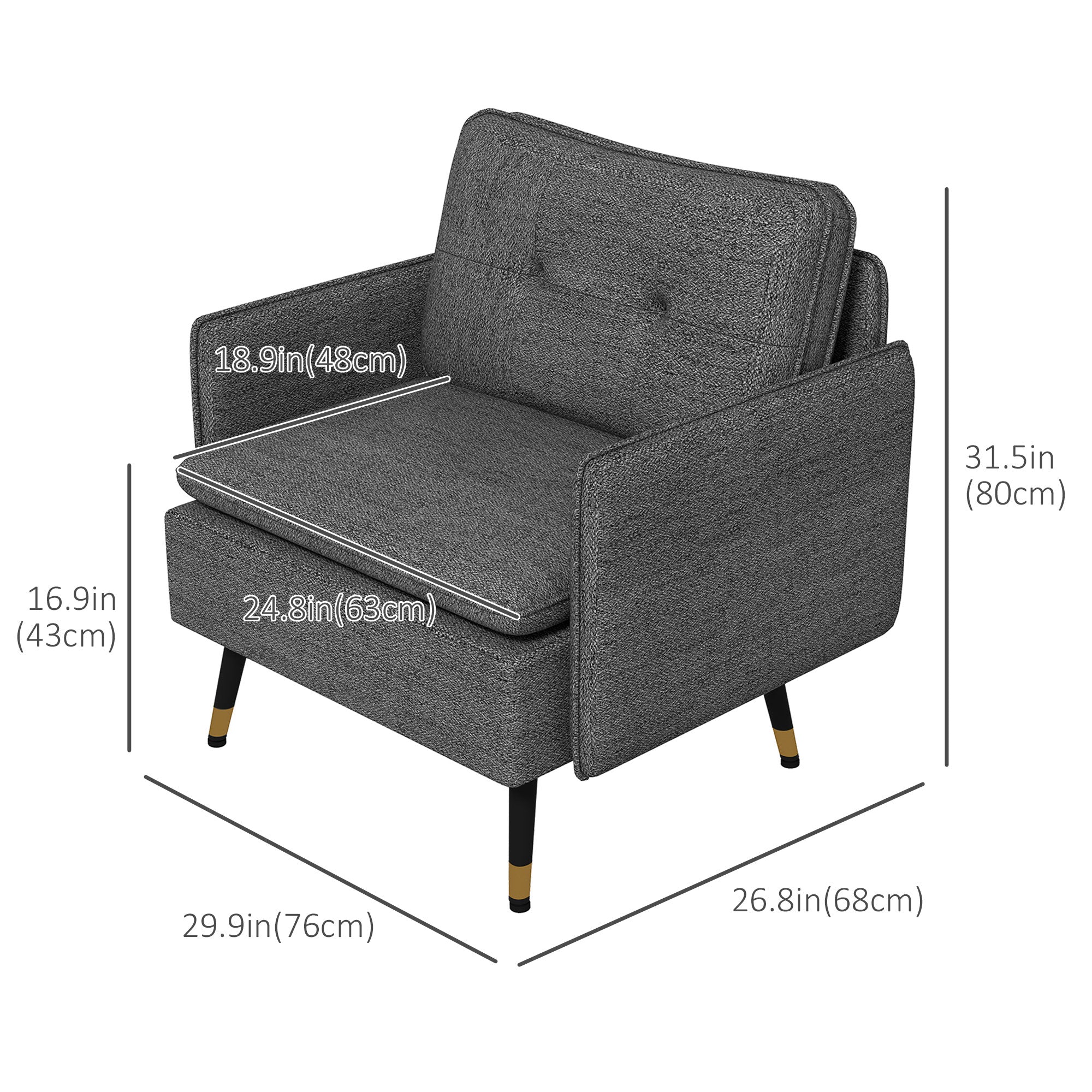HOMCOM Accent Chair Modern Upholstered Tufted Back Steel Legs Living Room Bedroom Dark Grey