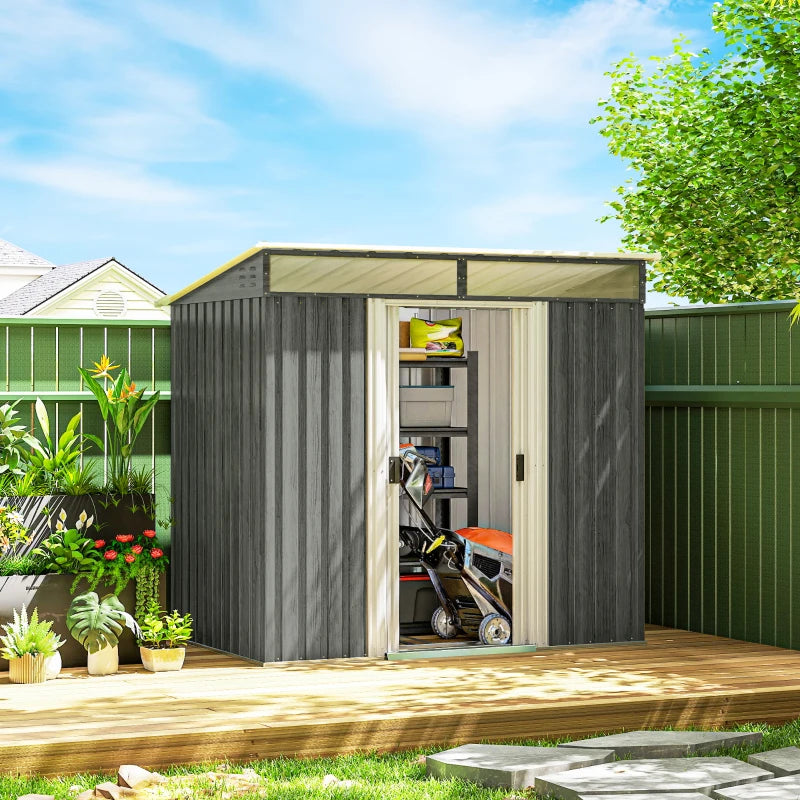 6.5x4FT Galvanised Metal Shed with Foundation Kit, Lockable Garden Tool Storage House with Sliding Doors, Vents, Grey