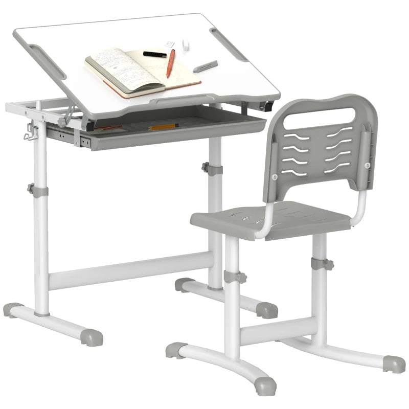 Qaba Height Adjustable Study Table and Chair Set with Drawer, Pen Slot, Tiltable Desktop, Hook, Grey