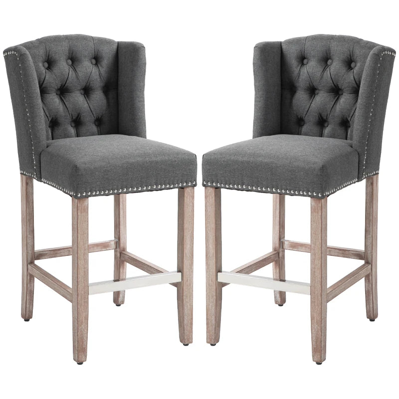 Counter Height Bar Stools Set of 2, Upholstered Bar Chairs with Nailhead Backrest and Footrest, Charcoal Grey