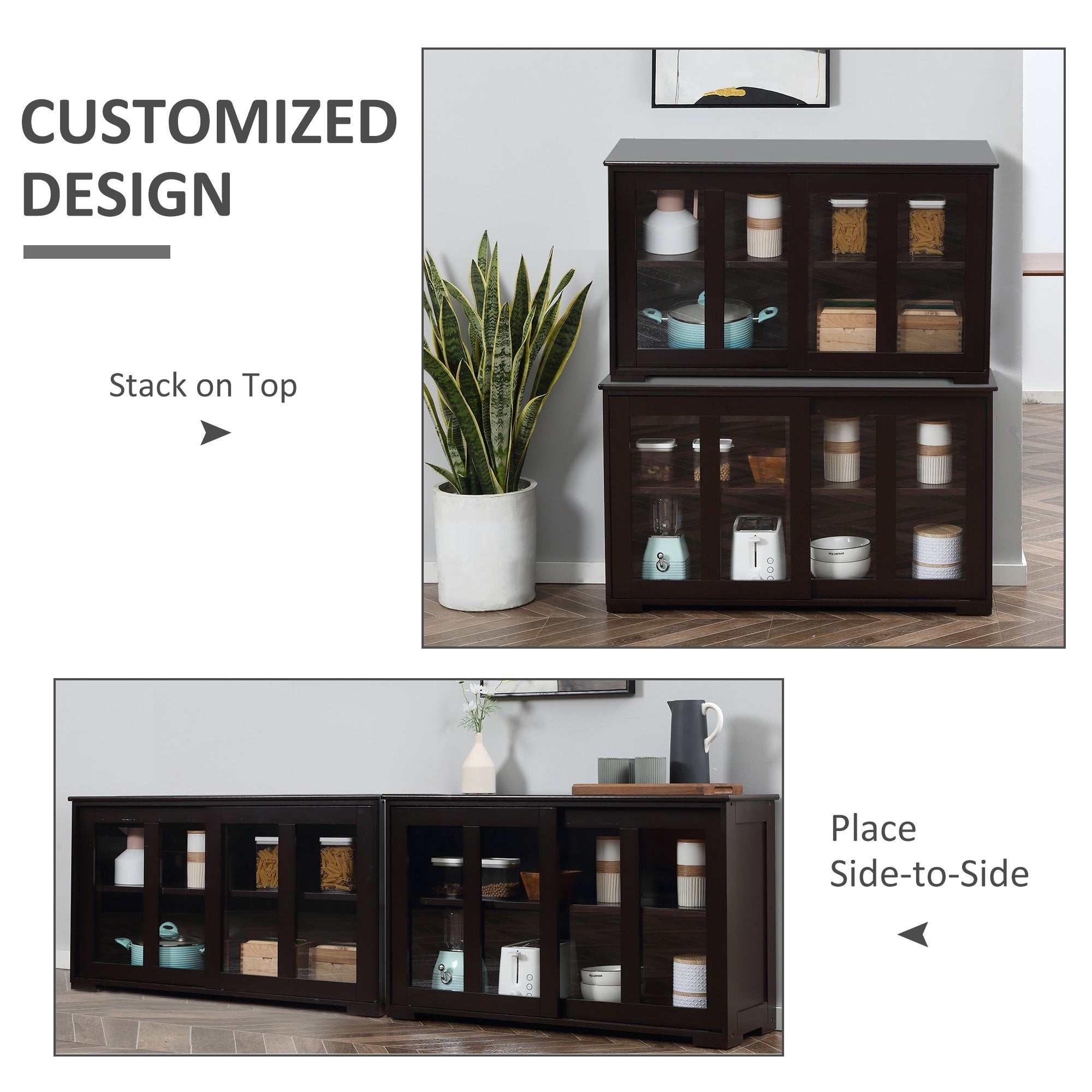 HOMCOM Modern Kitchen Sideboard Stackable Storage Cabinet Sliding Glass Door Console Cupboard Serving Buffet Coffee Furniture
