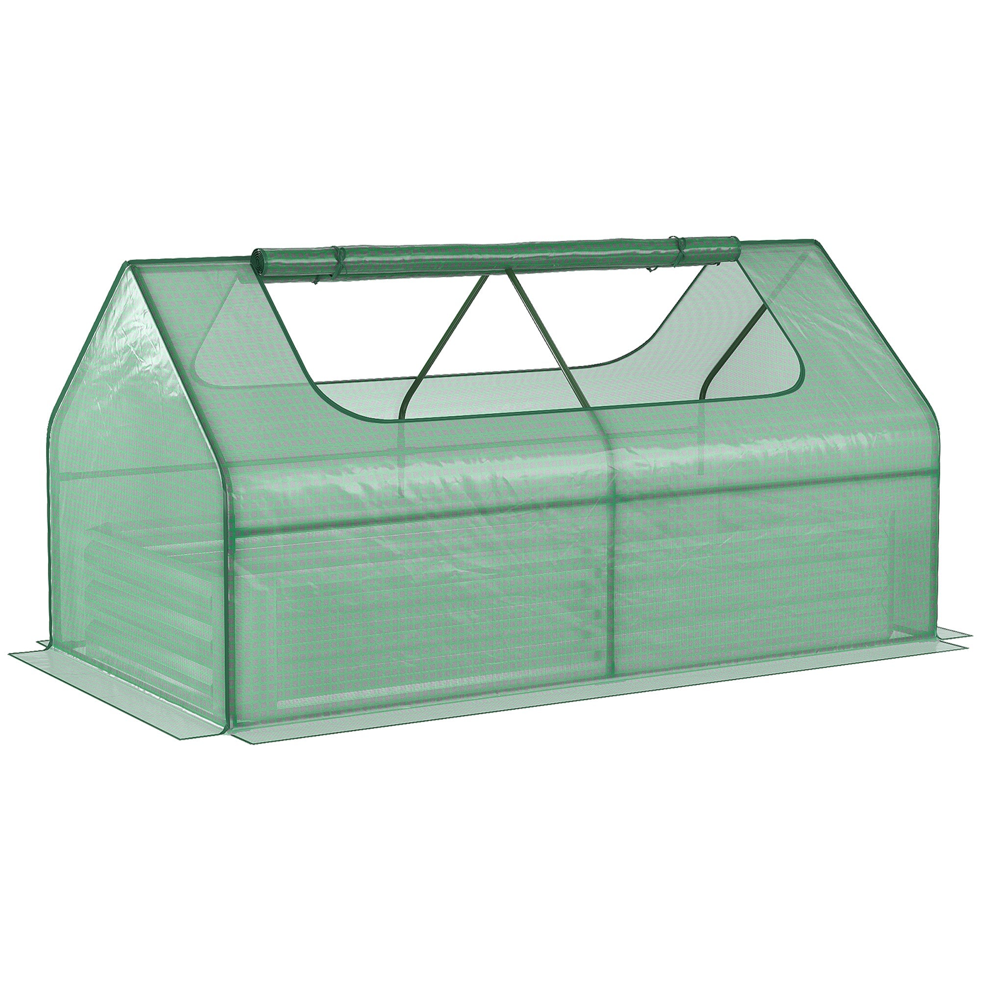 Outsunny Greenhouse with Raised Planter: Steel Garden Bed, Plastic Cover, Roll-Up Window, Green