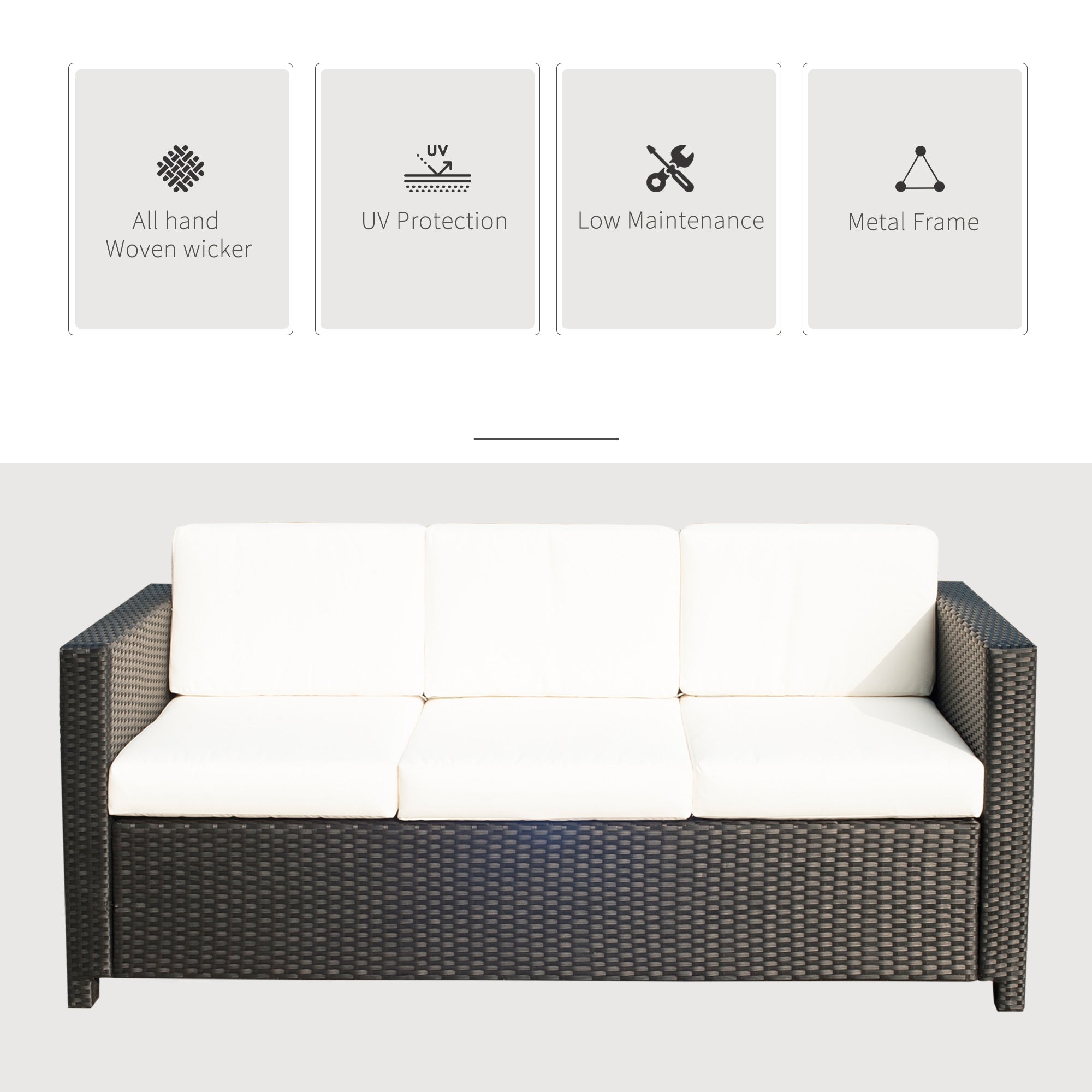 Outsunny Luxury 3-Seater Sofa Rattan Wicker Outdoor Patio Furniture with Plush Cushions Weatherproof Black