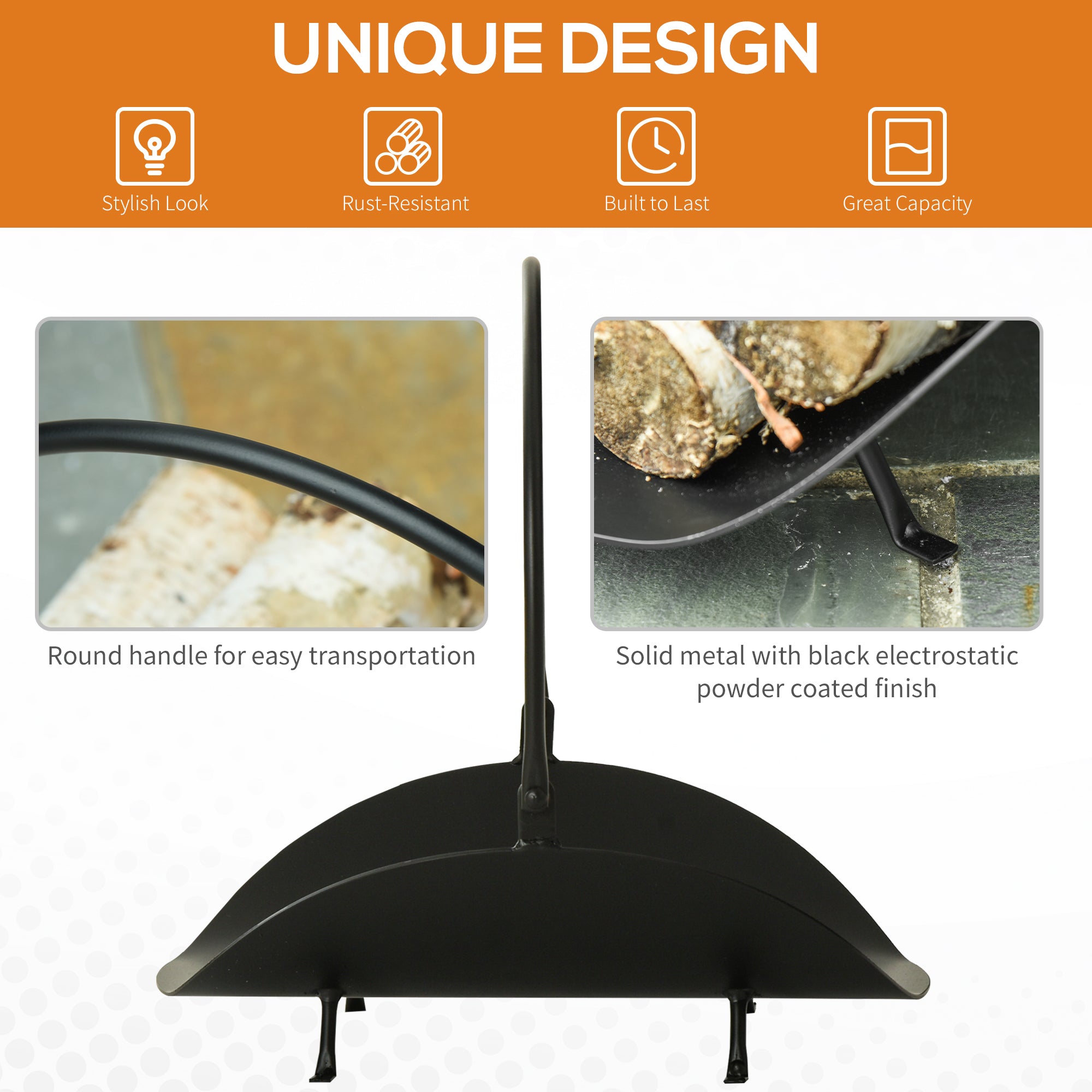 Outsunny Fireside Flair: 16" Curved Firewood Log Rack, Fireplace Wood Storage Basket Carrier with Handle, Indoor Outdoor, Black