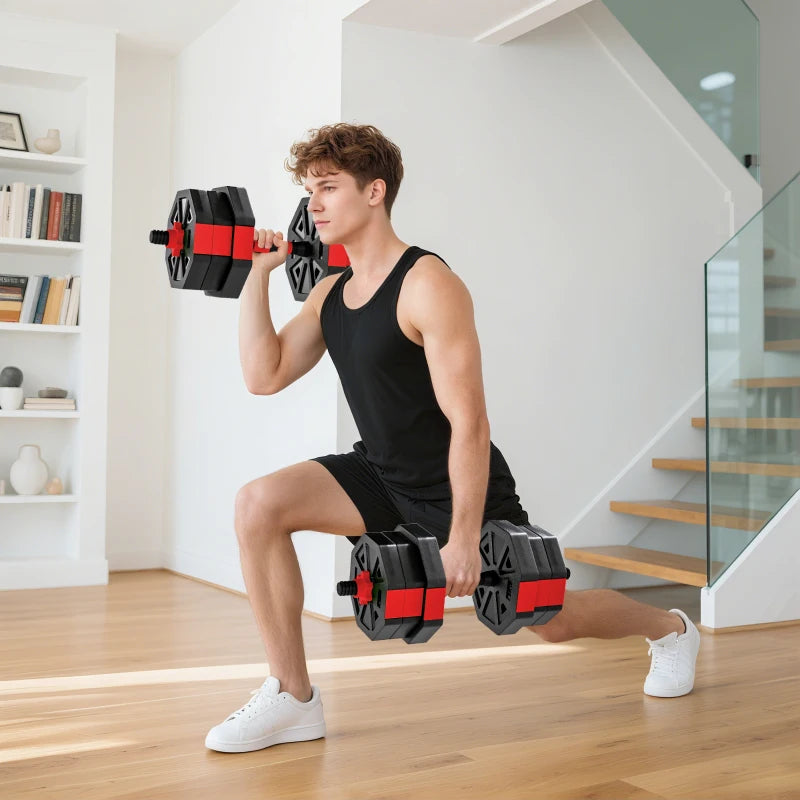 6-in-1 Adjustable Dumbbell Set, 44 lb Free Weights with Kettlebell, Barbell & Push-Up Stand – Red