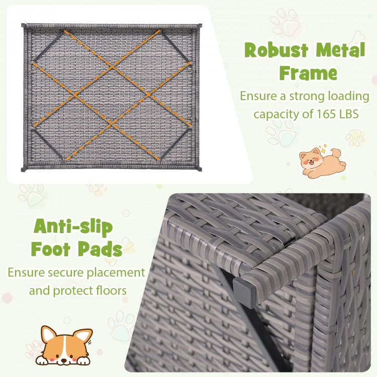 Wicker Dog House Elevated PE Rattan Dog Bed with Canopy-Gray