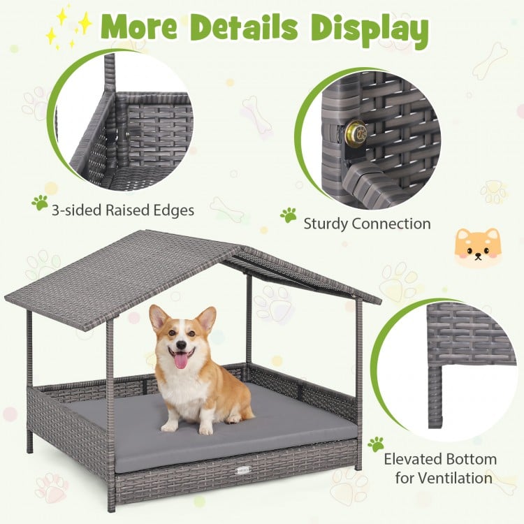 Wicker Dog House Elevated PE Rattan Dog Bed with Canopy-Gray