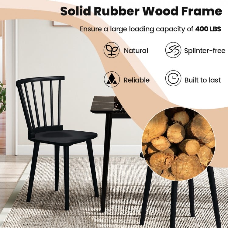 Windsor Dining Chairs Set of 2 Rubber Wood Kitchen Chairs with Spindle Back-Black
