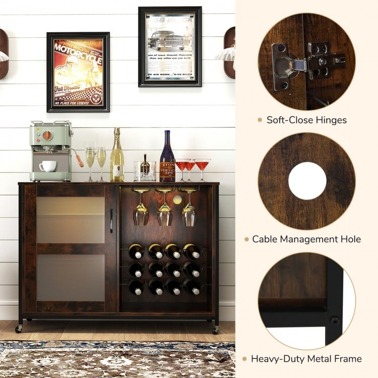 Wine Bar Cabinet with LED Light and Adjustable Shelves-Rustic Brown