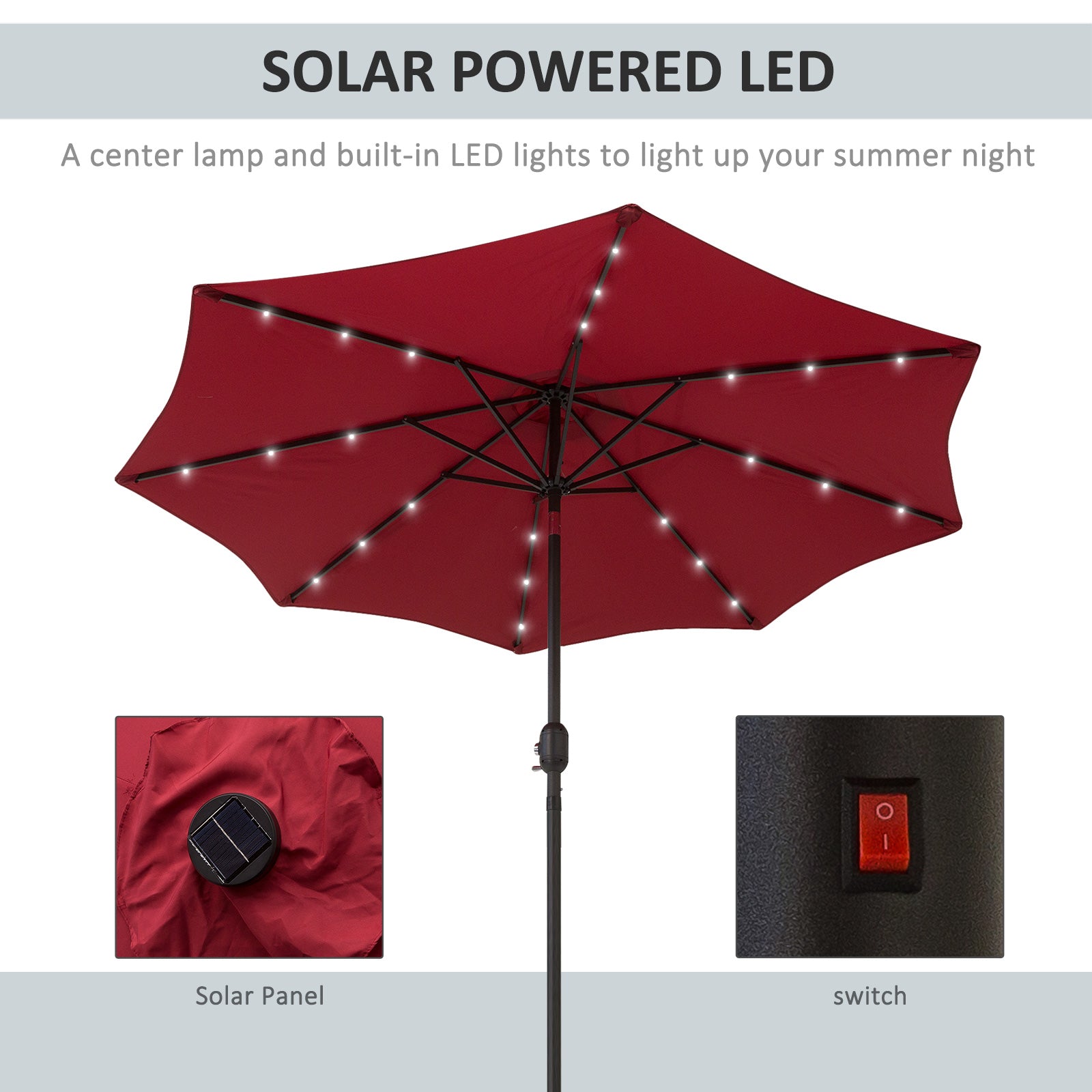 Outsunny 9ft Solar LED Patio Umbrella: Wine Red Tilt Canopy Sunshade for Stylish UV Protection