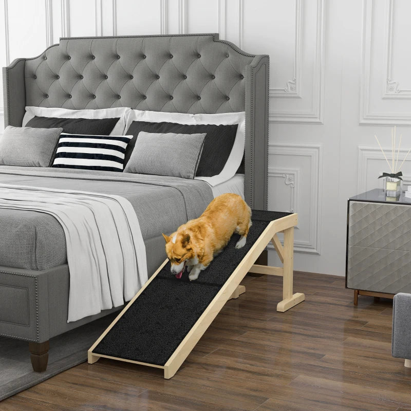 Pet Ramp Bed Steps for Dogs Cats Non-slip Carpet Top Platform Pine Wood 59"L x 16"W x 20"H Natural Wood
