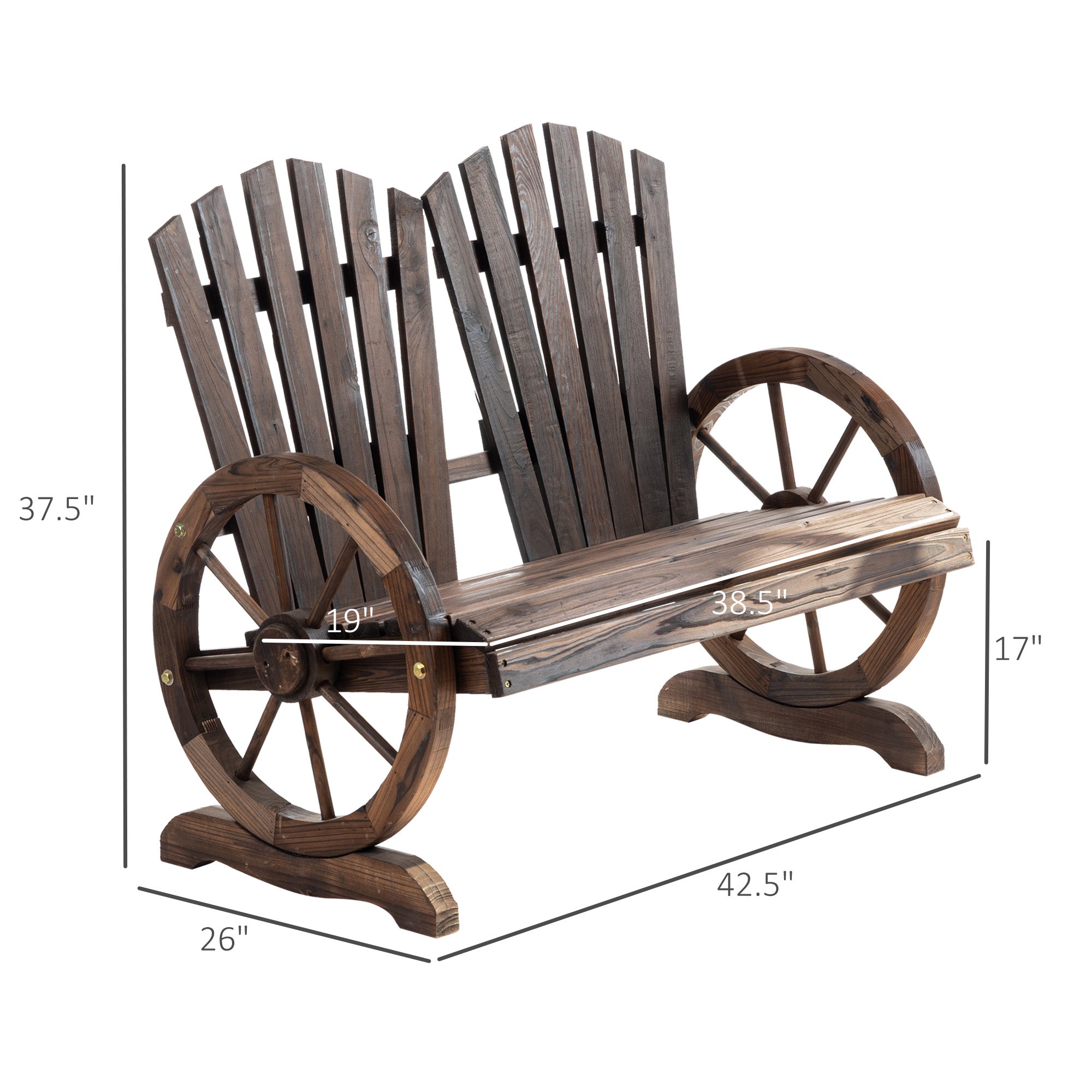 Outsunny Wooden Garden Bench 2-Seat Patio Bench with Wheel-Shaped Armrests Carbonized Color for Outdoor