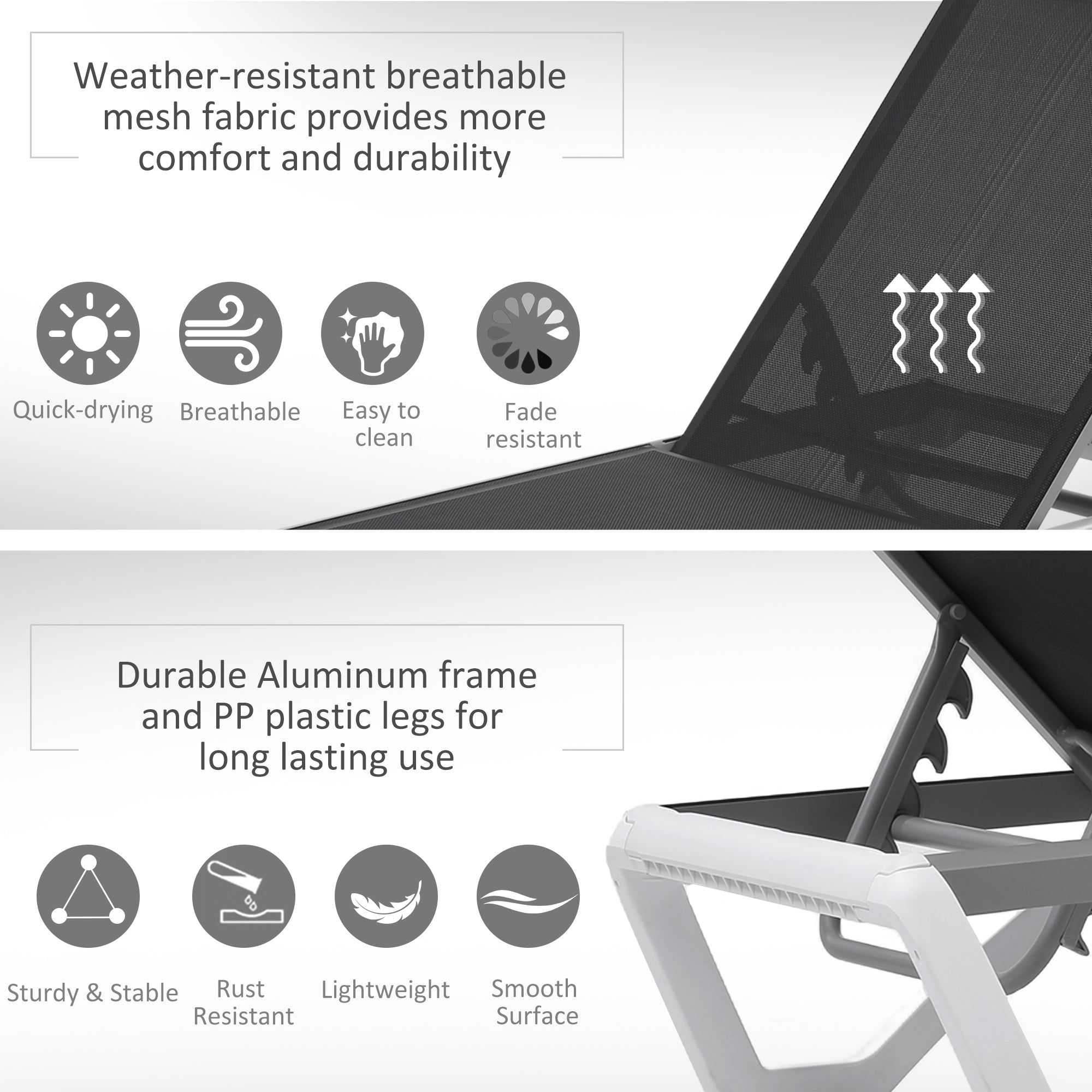 Outsunny Outdoor Chaise Lounge Chair Portable with Adjustable Back Wheels Breathable Mesh Fabric Black