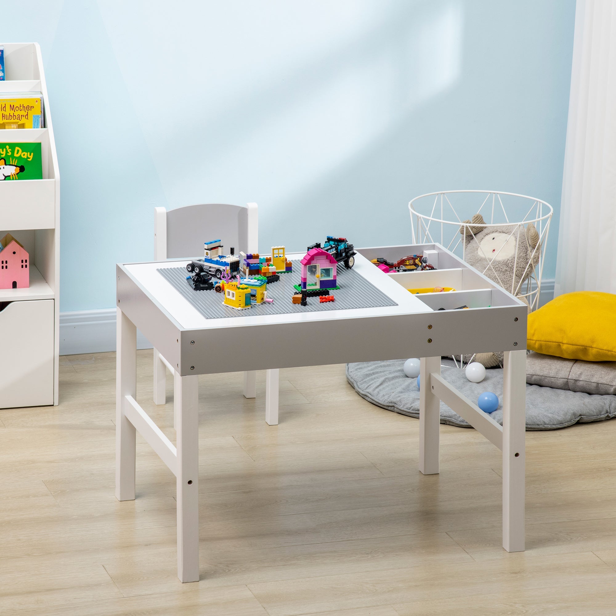 Qaba Kids Table Set with Building Block Desktop: 2-Piece Toddler Set, Multiple Storage Spaces