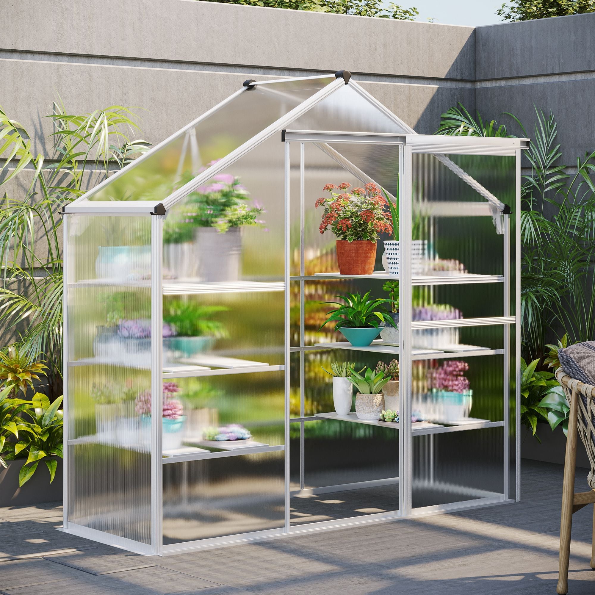 Outsunny Walk-in Greenhouse 6.3x2.3ft with 3-Tier Shelves Polycarbonate Panels Aluminum Frame for Outdoor Gardening