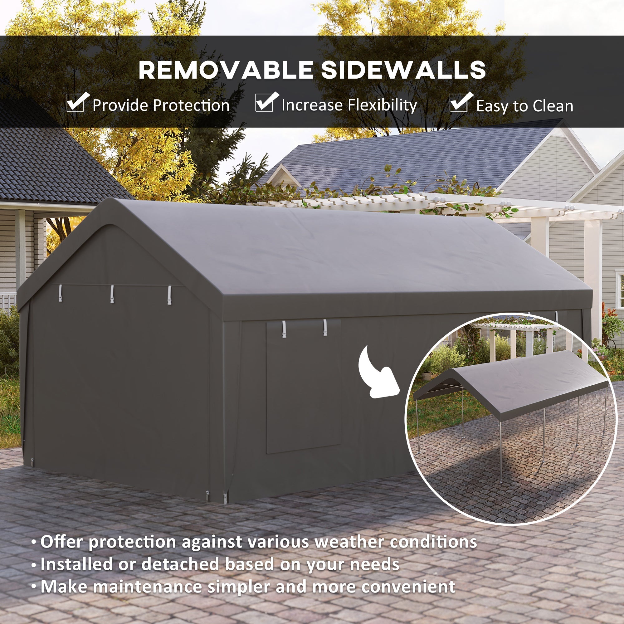 Outsunny 12 x 20ft Carport with 2 Roll-Up Doors, 4 Windows, Portable Garage with Removable Sidewalls for Car, Truck, Dark Grey